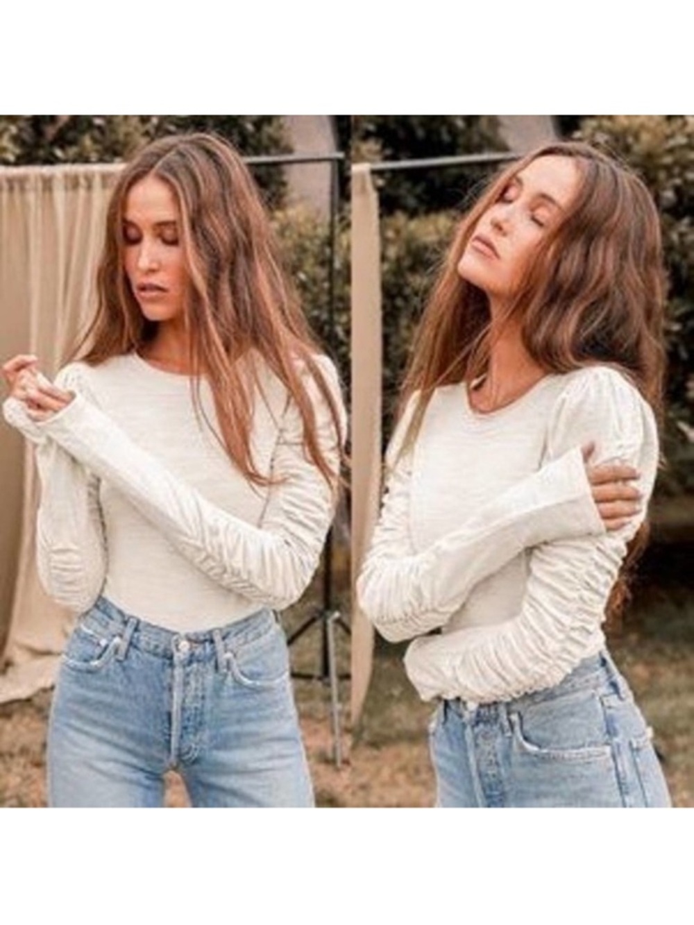 Free People Natasha Ruched Long Sleeve Top Womens Size Medium Boho Minimalist